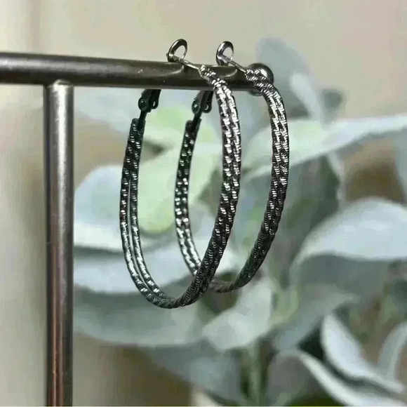Dark Silver Tone Double Loop Hoops Hoop Earrings - Picture 2 of 2